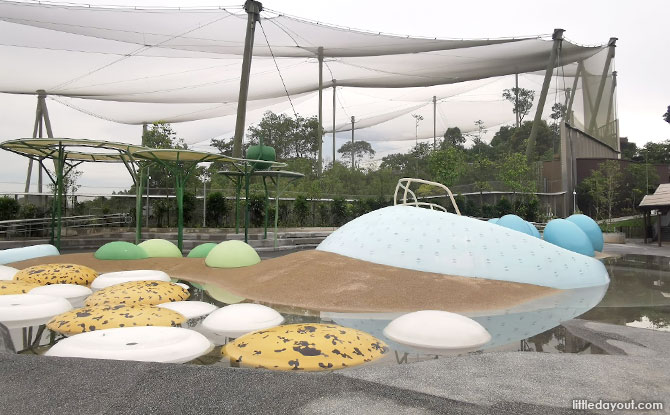Egg-themed water playground featuring wet play zones, water slides, sprays, and shallow pools, with a nearby café for parents.